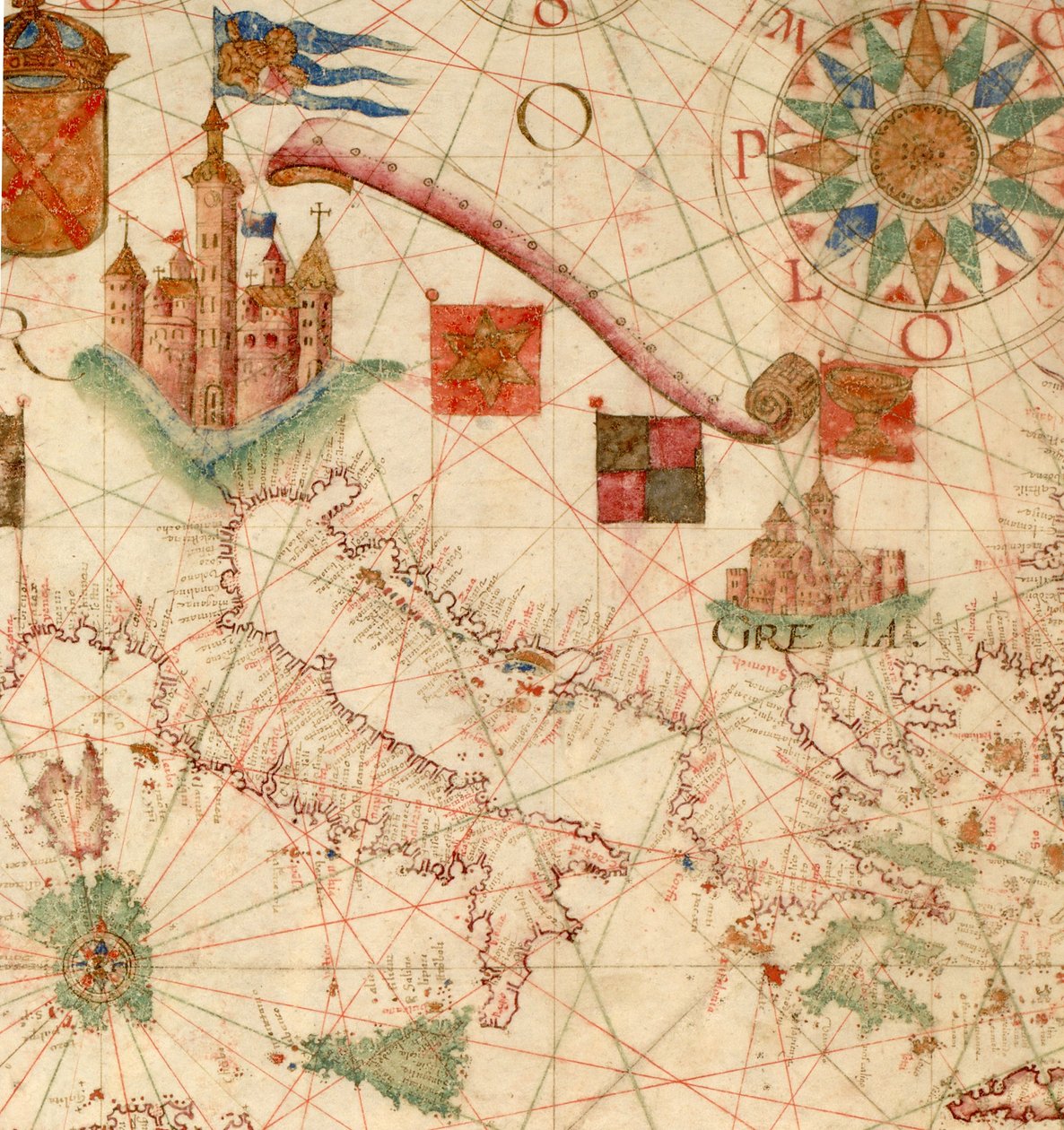 HM 1549   LUÍS TEIXEIRA, PORTOLANS SCHEMA. Lissabon, ca. 1600 Inskriven på en rulle "Por Luis Te[ixe]ira em Lix[bo]a." Såld 1867 av Henry Stevens (1791-1867) till Henry Huth (1815-78), The Huth Library (1880), pt. 4, 1171. Försäljning av Alfred Henry Huth  av Unbekannt