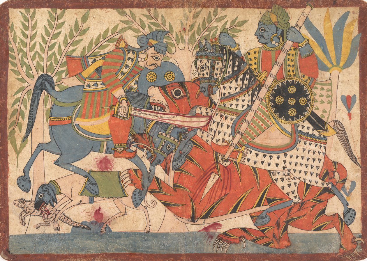 Harishchandra och hans minister Killing a Tiger folio från en Harishchandra-serie, 1800-1850. av Unbekannt