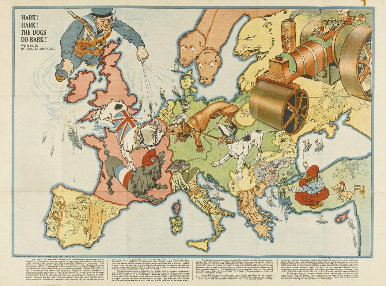 Hark! Hark! Hundarna skäller! Europeisk satirkarta, 1914 av Unbekannt