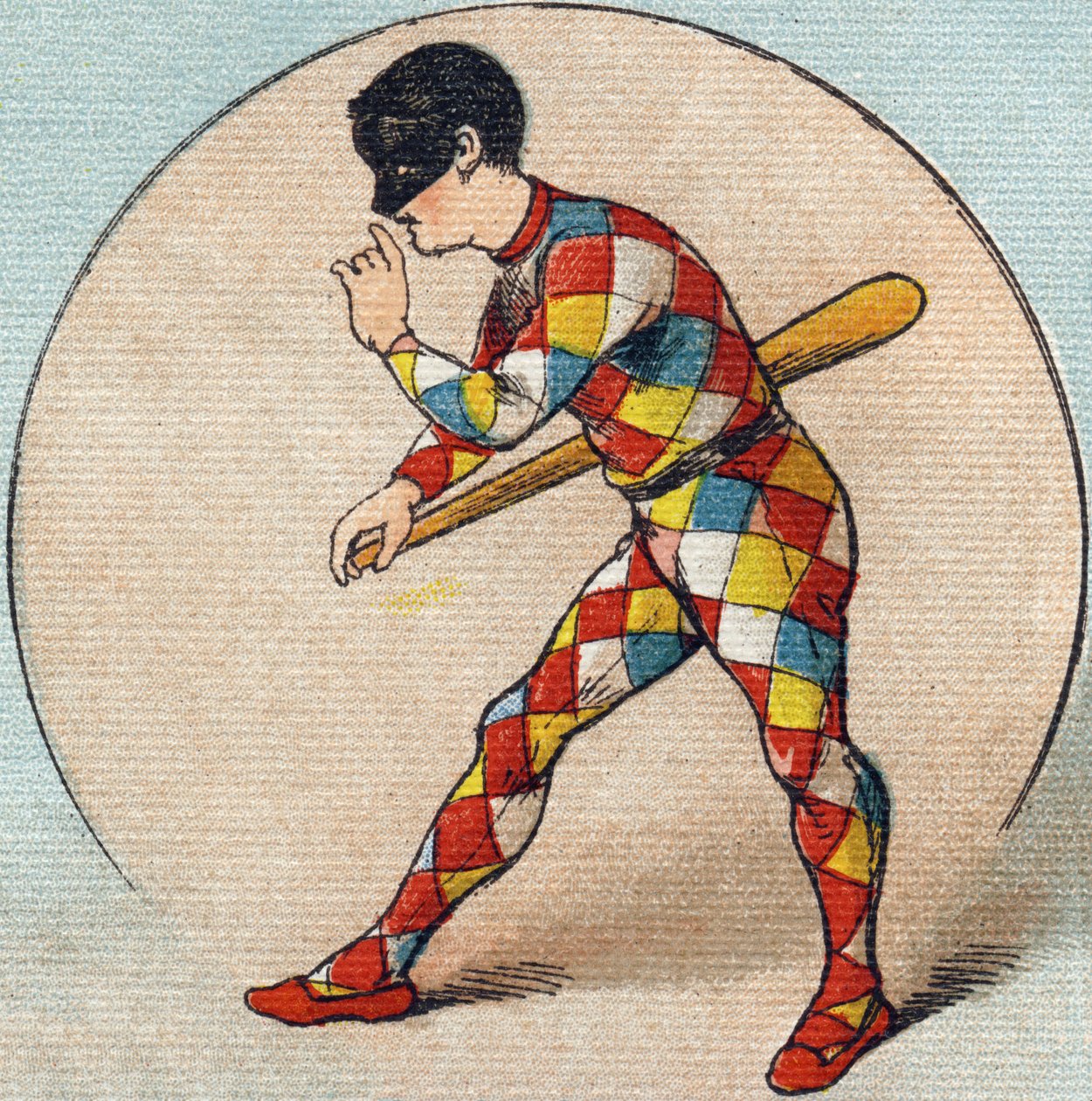 Harlekin. Gravyr i "Alphabet de ma petite fille". Bernardin-Bechet och Fils, bokhandlare-förlag, Paris, omkring 1895. Okrossbart album på duk. Bibliotheque des Bebes. 12 sidor. Album innehållande en läsmetod och en illustrativ abecedary. Dämpa av Unbekannt
