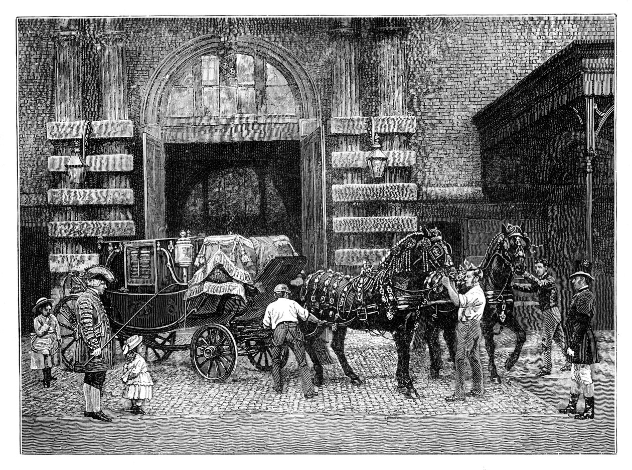 Utnyttja de svarta hästarna på Royal Mews, Buckingham Palace, London, c1888 av Unbekannt