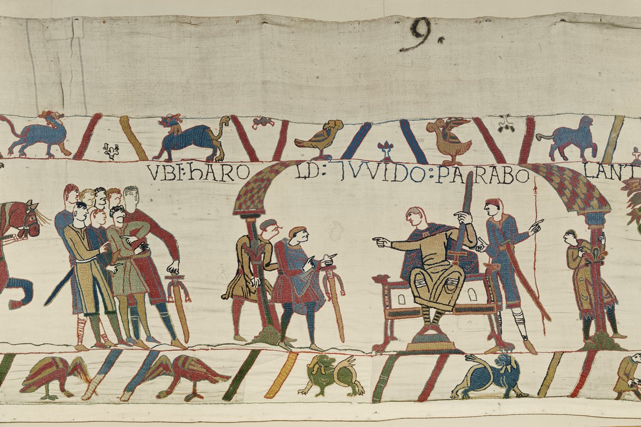 Harold och greve Guy av Ponthieu pratar tillsammans i Beaurain, Bayeux Tapestry (ullbroderi på linne) av Unbekannt