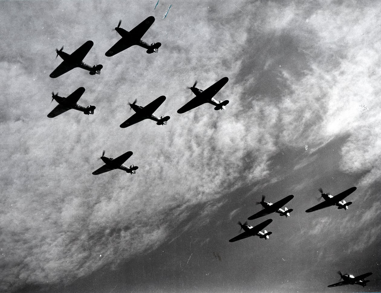 Hawker Hurricanes som flyger i formation, Battle of Britain, andra världskriget, 1940 av Unbekannt