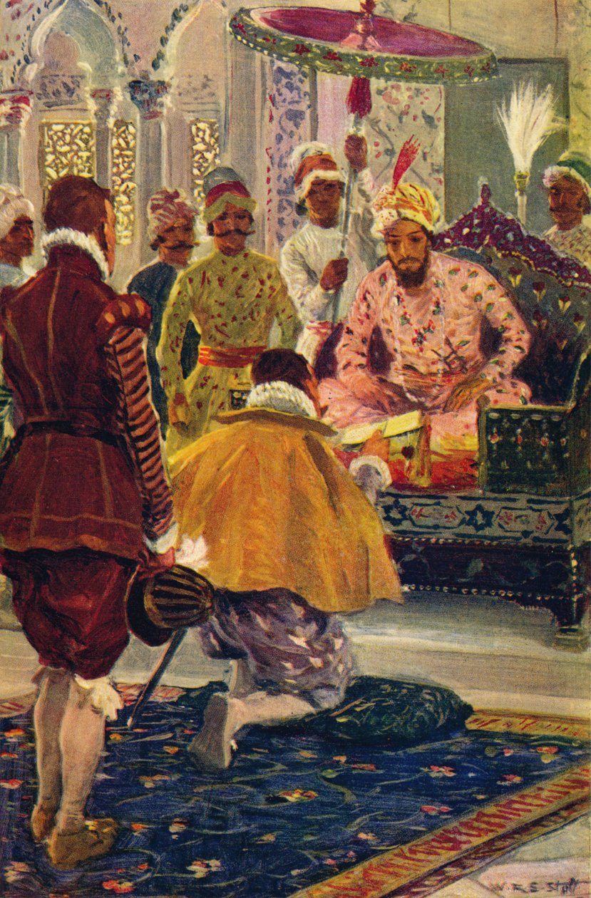 Hawkins presenterar King Jamess brev till den store mogulen, 1608 c1912 av Unbekannt
