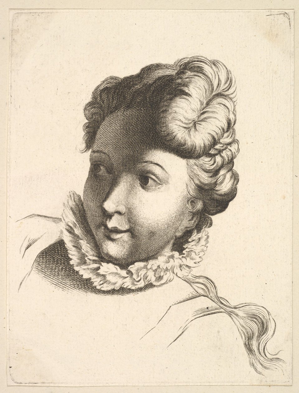 Head of a Woman Wearing a Ruff, från Livre de Têtes Gravées dapres F. Boucher et ..., 1700-tal. av Unbekannt