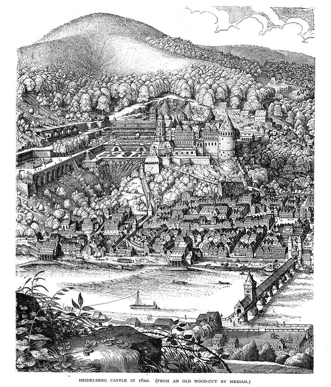 Heidelbergs slott och stad sett över Neckarfloden, Tyskland, 1620 av Unbekannt