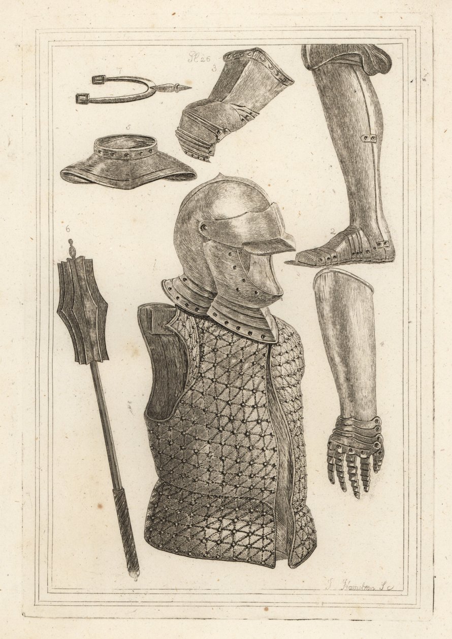 Hjälm och brigandin 1, järngreave eller benpansar 2, handske tillhörande John of Gaunt 3, järnhandske 4, gorget 5, järnblomma 6, antik järnspryckesporre 7 av Unbekannt