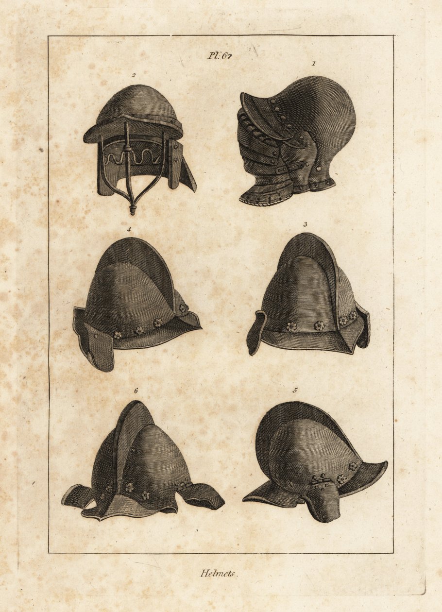 Hjälm med nedåtgående dryck i Tower of London 1, dubbelstång hjälm 2 och rea med oreillets eller hörsnäckor 3-6 av Unbekannt