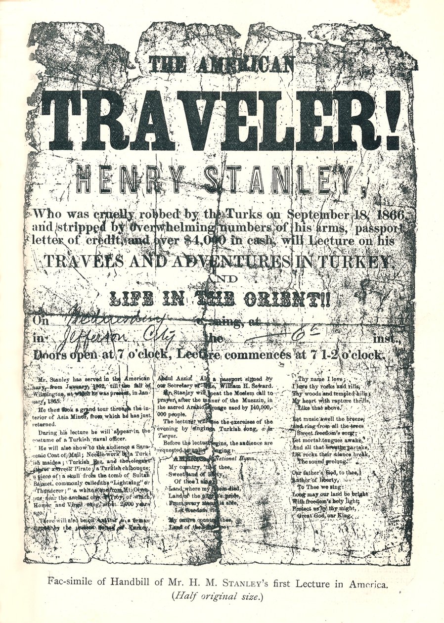 Henry M. Stanley, Handbill från Lecture Tour in America, vid 31 års ålder upptäckte Dr.Livingstone i Afrika av Unbekannt