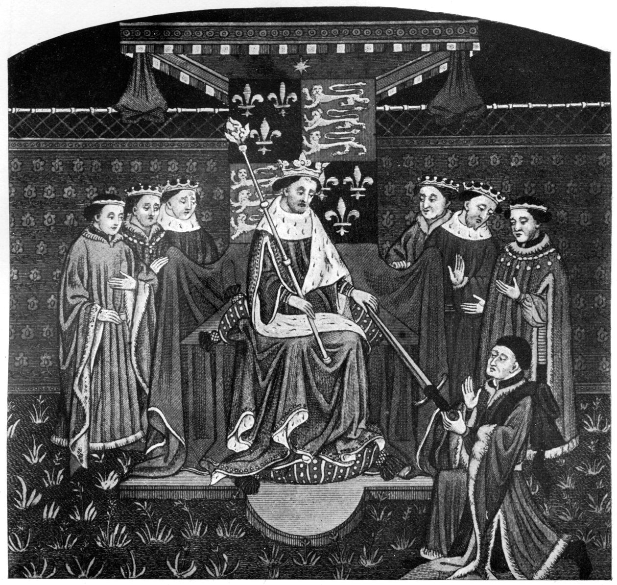 Henry VI presenterar ett svärd till John Talbot, Earl of Salisbury, c1445, 1910 av Unbekannt