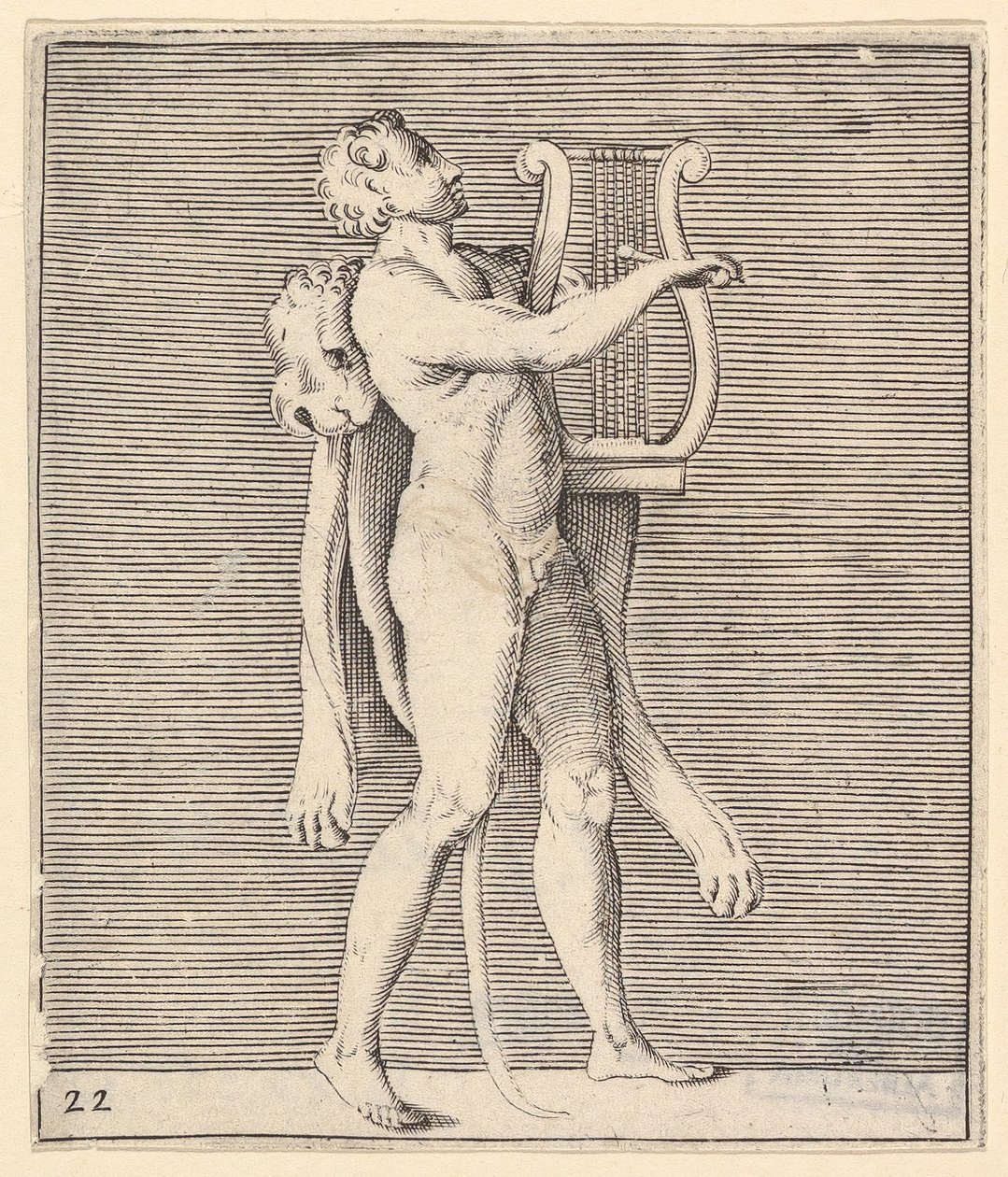 Hercules spelar en lyra, ett lejonskinn draperat över axeln, publicerat ca. 1599-1622. av Unbekannt