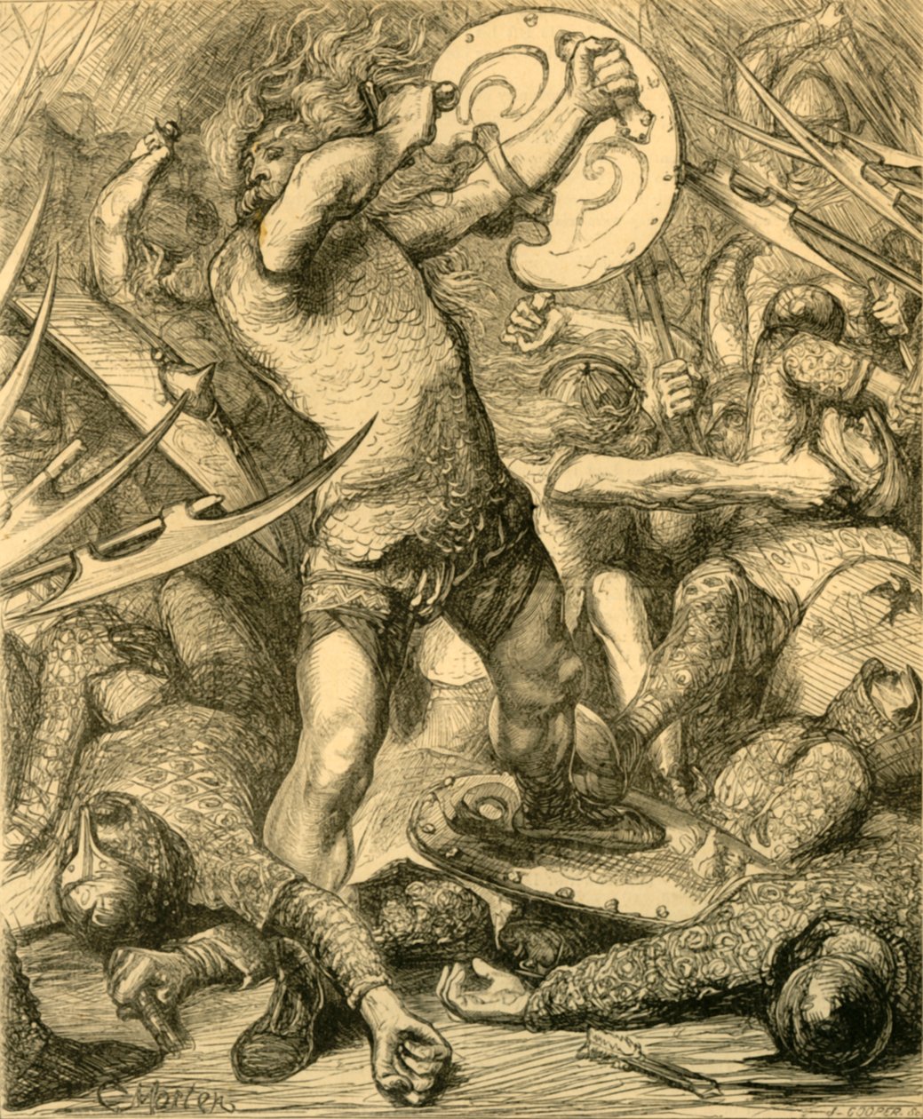 Hereward skär sig igenom den normandiska värden, c1890. av Unbekannt