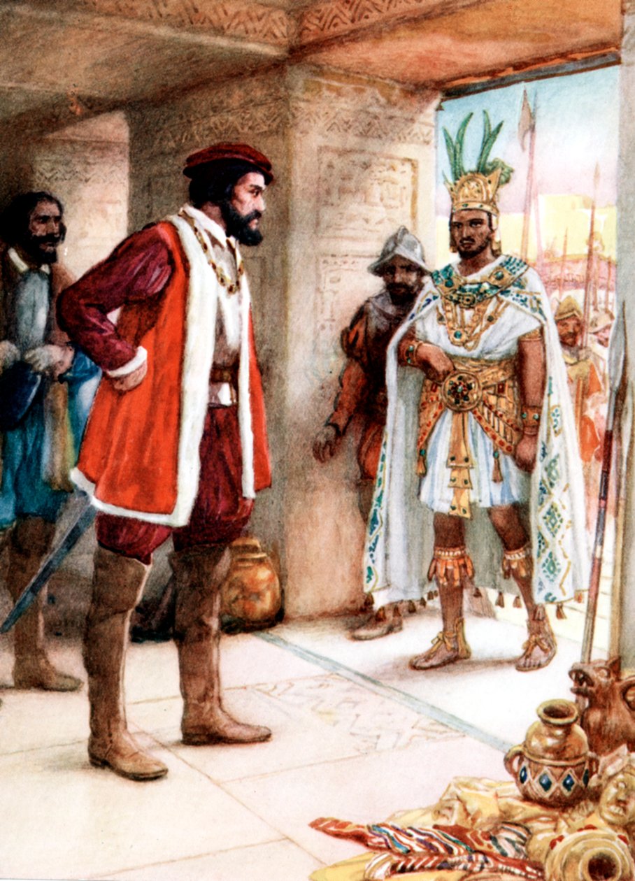 Hernan Cortes möter den aztekiske kejsaren Montezuma, 1519 av Unbekannt