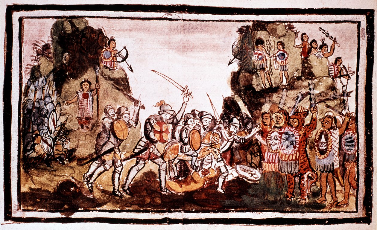 Hernando Cortes Cortez 1485-1547, spansk conquistador, attackerar infödda i Mexiko av Unbekannt