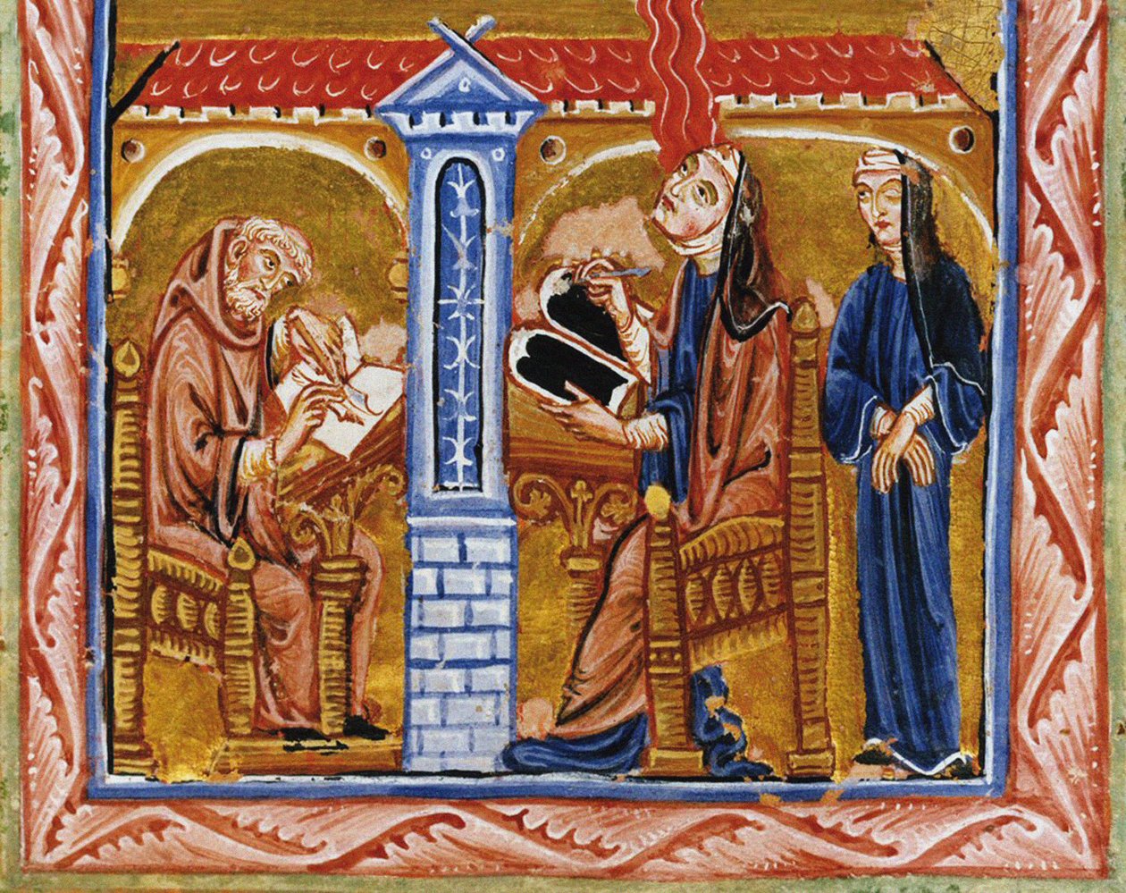 Hildegard får en vision i närvaro av sin sekreterare Volmar och sin förtrogna Richardis, ca av Unbekannt