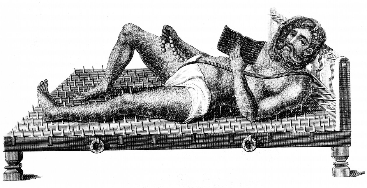 Hinduisk filosof Pararum Soatuntre Perkasanund vilande på en bädd av järnpiggar, 1811 av Unbekannt