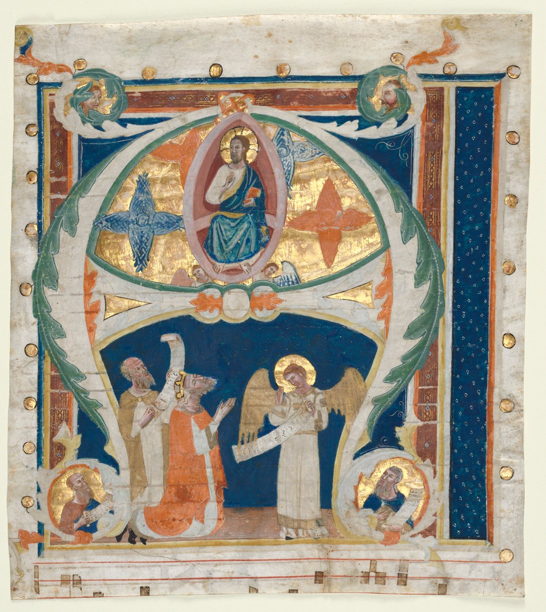 Historikerad initial A utskuren från en gradual: Kristus i majestät med kung David..., ca. 1300-1340. av Unbekannt