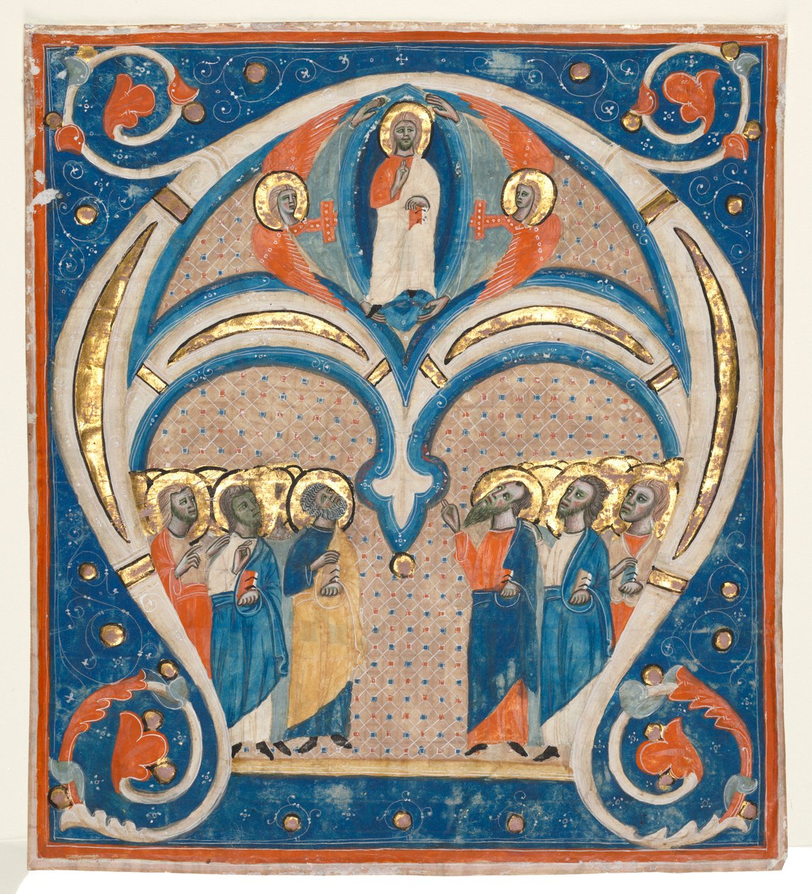 Historikerad initial A utskuren ur en responsorial: Kristus i majestät med heliga, ca. 1280-1300. av Unbekannt