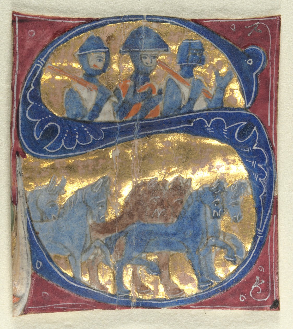 Historiad initial S Utskuren från en bibel: soldater och hästar, 1200-talet. av Unbekannt