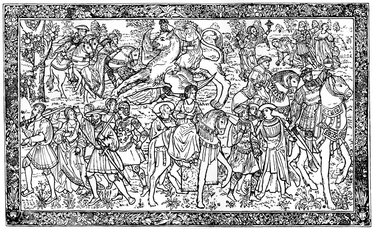 Historiska och allegoriska figurer, gobeläng på Hampton Court Palace, Richmond, London, 1930 av Unbekannt