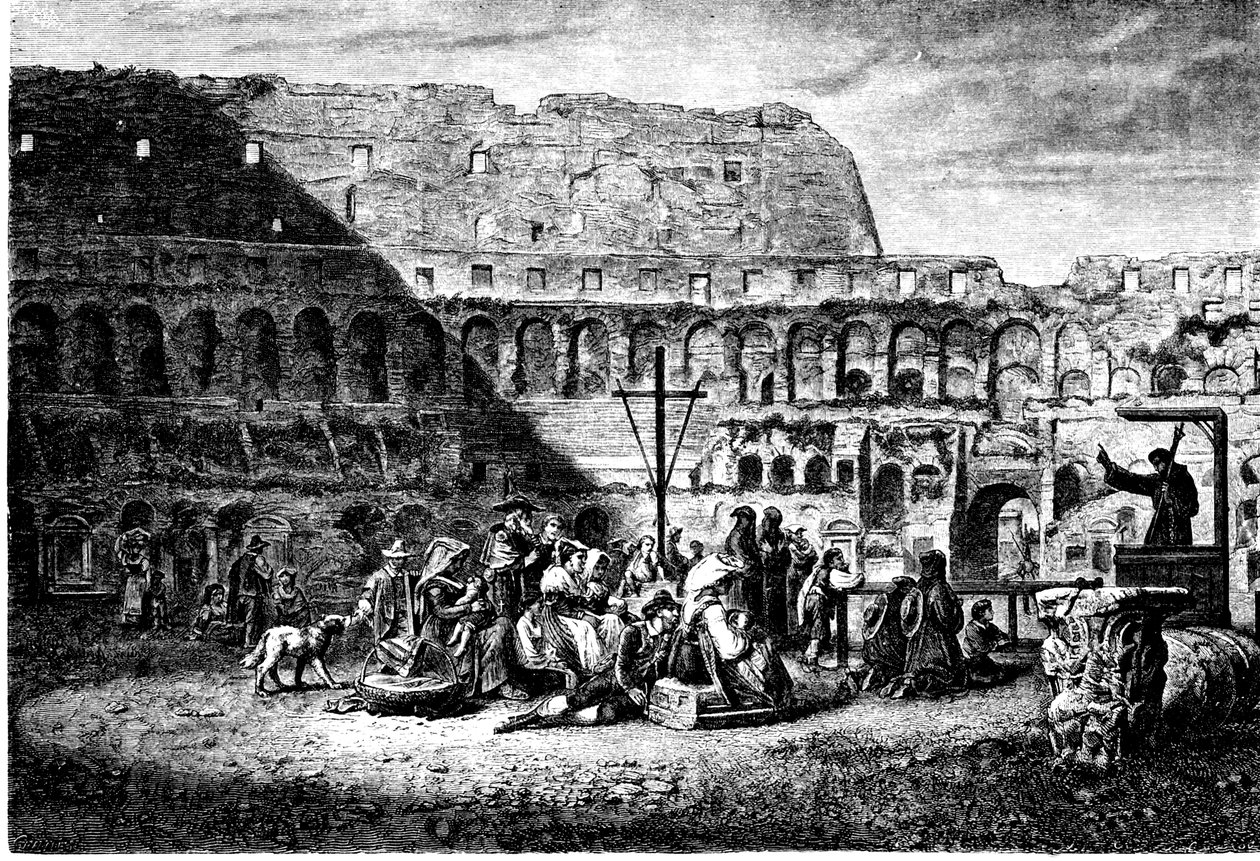 Det antika Roms historia. Fastepredikan av Colosseums insida. Tryck 1800 av Unbekannt