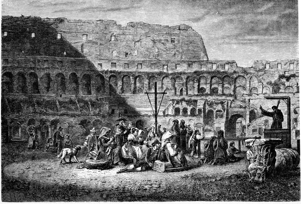 Det antika Roms historia. Fastepredikan av Colosseums insida. Tryck 1800 av Unbekannt