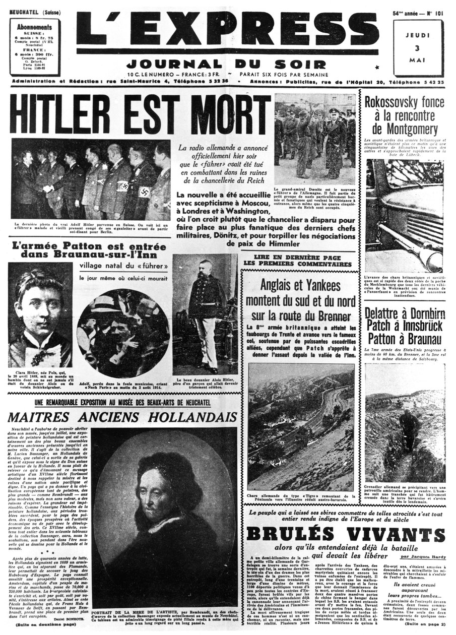 Hitler är död, förstasidan av tidningen LExpress, 3 maj 1945 av Unbekannt