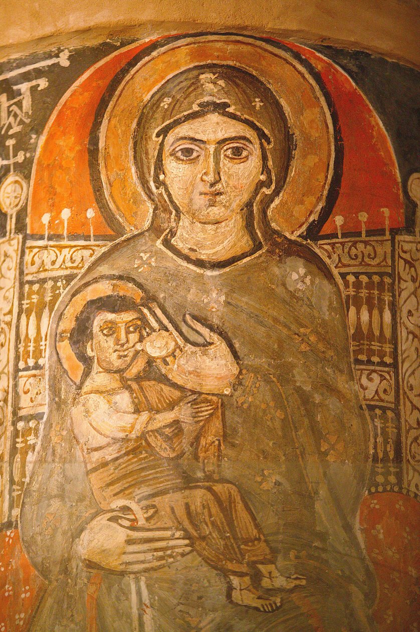 Holy Virgin och Saint John Kame koptiska klosterfresk: Maria ammar Jesus Egypten av Unbekannt