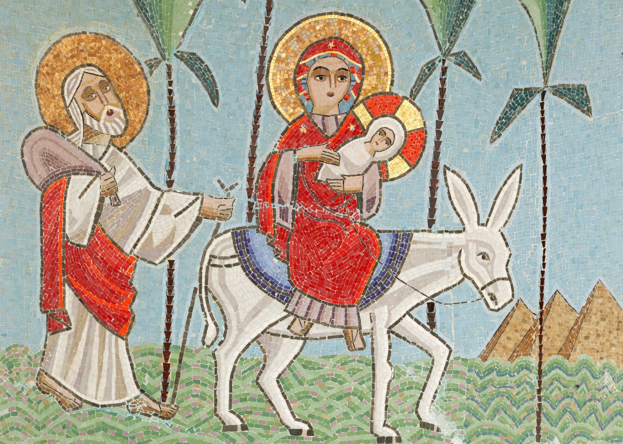 Holy Virgin och Saint John Kame koptiska klosterikon: Den heliga familjen, Egypten av Unbekannt