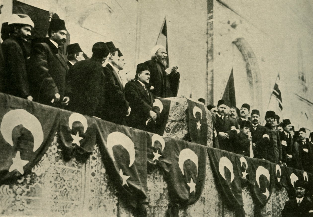 Heligt krig uttalas i Fatih-moskén, Konstantinopel, 14 november 1914, c1920. av Unbekannt