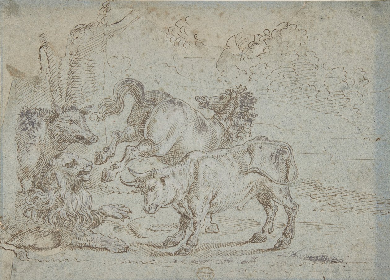 Häst, tjur, lejon och vildsvin, 1600-talet. av Unbekannt