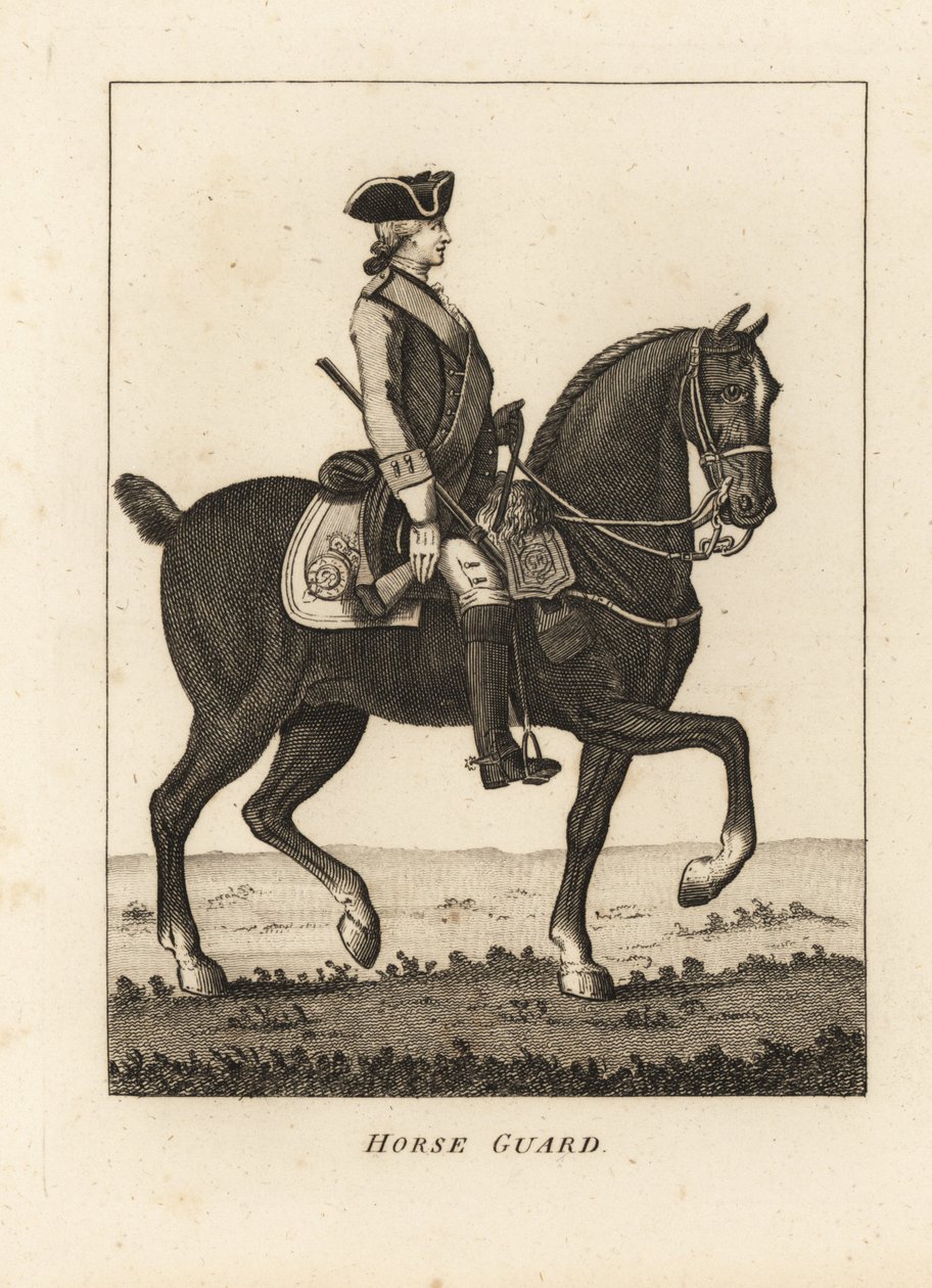 Horse Guard, i militäruniform med tricorn, musköt av Unbekannt