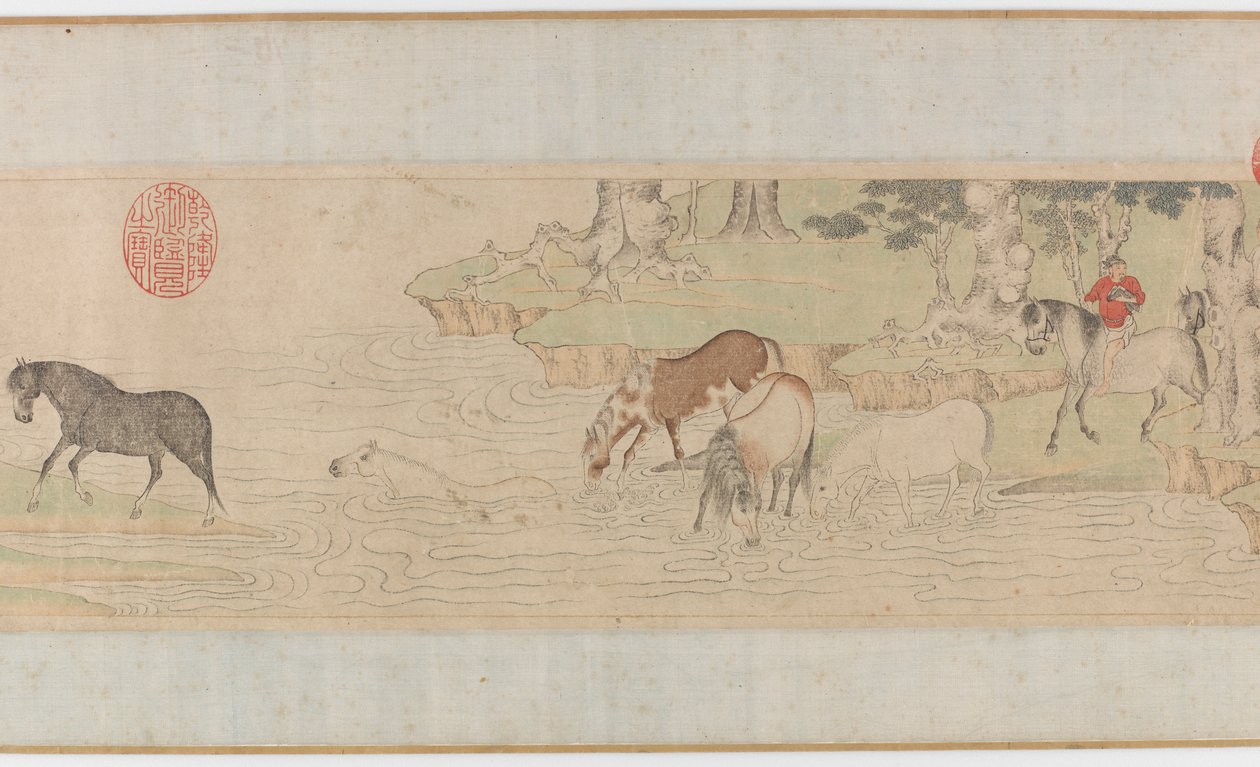 Hästar och hästskötare som korsar en flod, Yuan eller tidig Ming-dynastin, 1300-talet. av Unbekannt