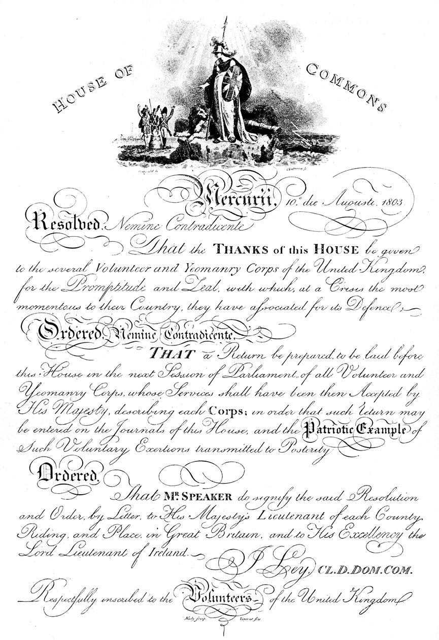 Underhusets resolution förmedlar tack till Volunteer Yeomanry Corps, c1905 av Unbekannt