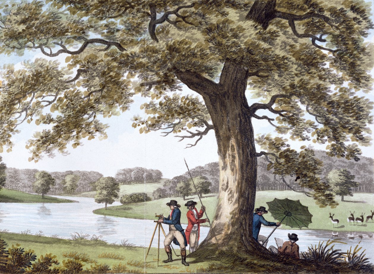 Humphry Repton undersökning med en teodolit, sent 1700-tidigt 1800-tal av Unbekannt