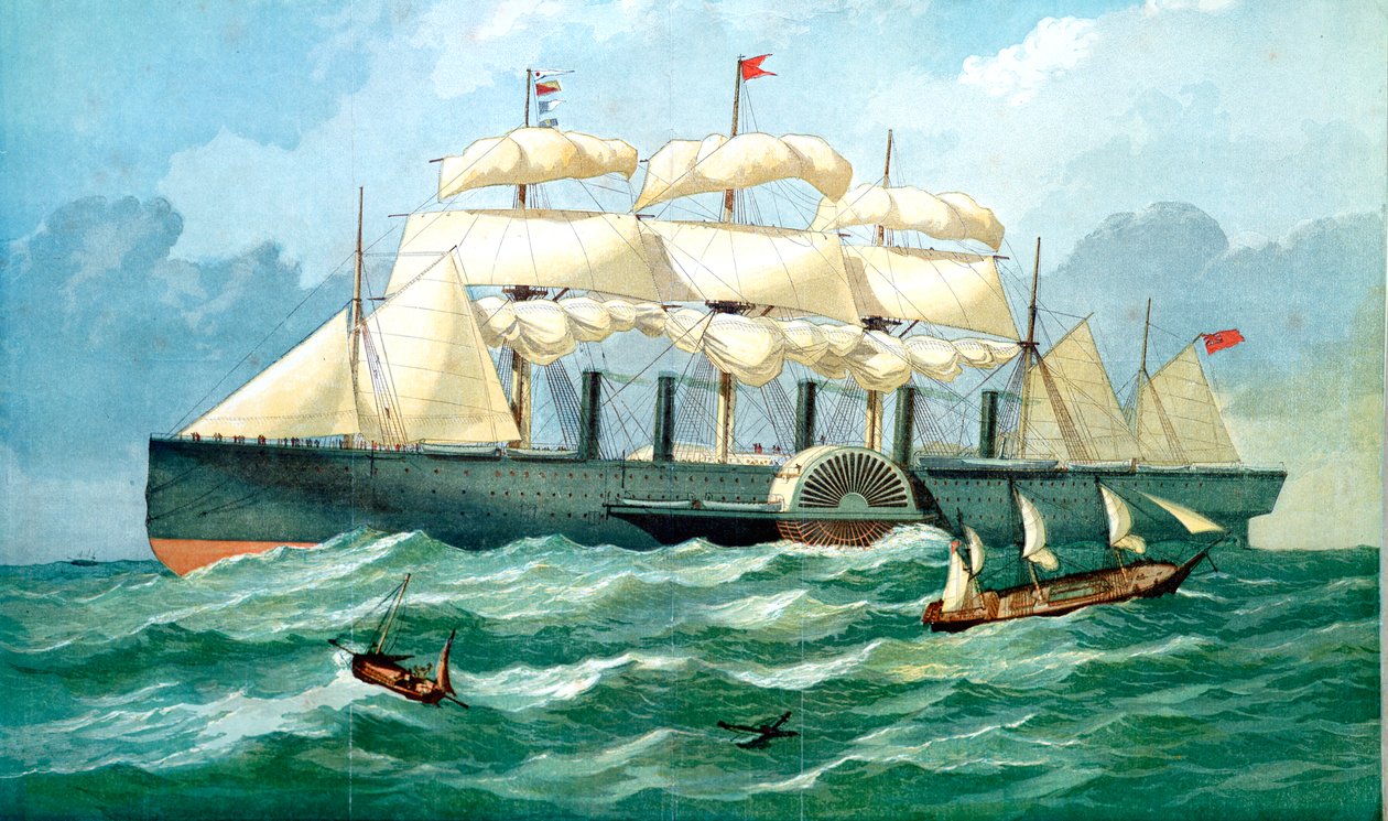 IK Brunels ångfartyg Great Eastern visar hus för skovelhjul och segel, 1857 av Unbekannt