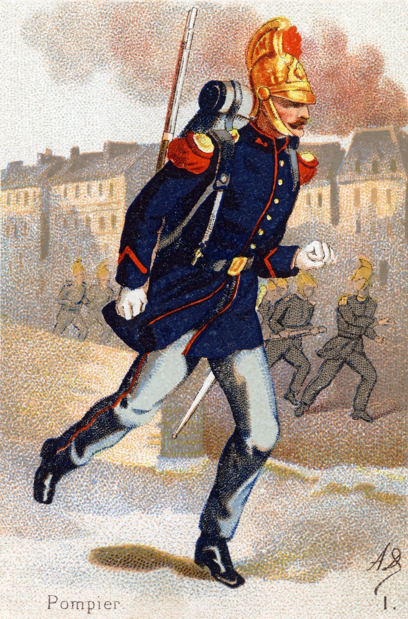 Jag: Brandman. Gravyr i "Militäralfabetet". Illustratörens initialer: A. D. Okänd utgivare. Kromolitografier från slutet av 1800-talet. Mått: 10,5x7 cm. av Unbekannt