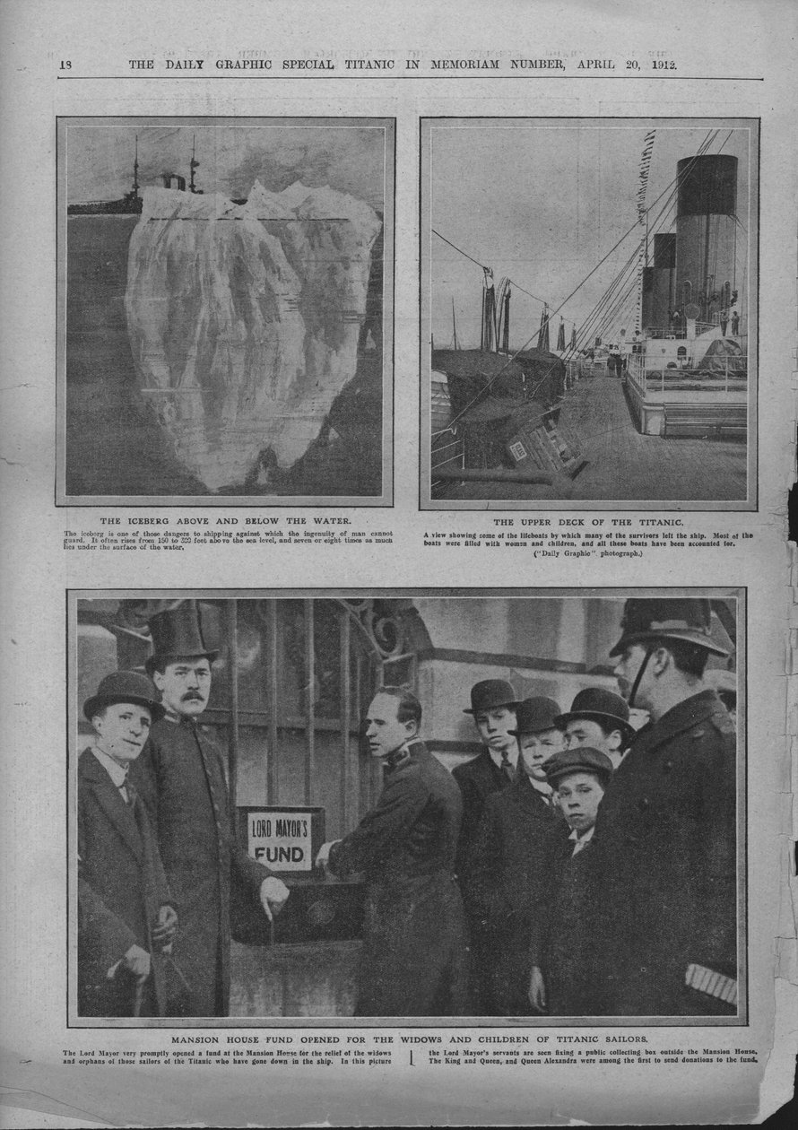 Isberg, övre däck av Titanic och Mansion House-fonden, 20 april 1912. av Unbekannt