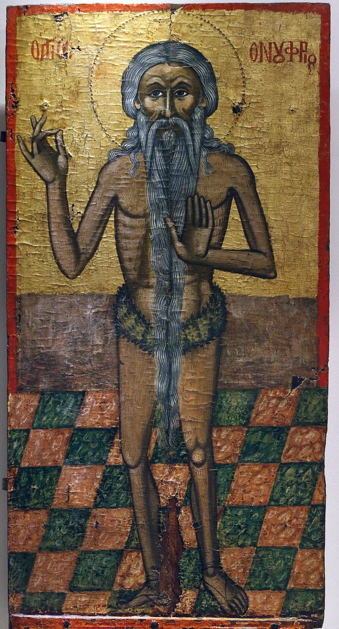 Ikon i Pedoulas bysantinska museum: Saint Onoufrios (1600-talet), 20150510, Pedoulas, Cypern av Unbekannt