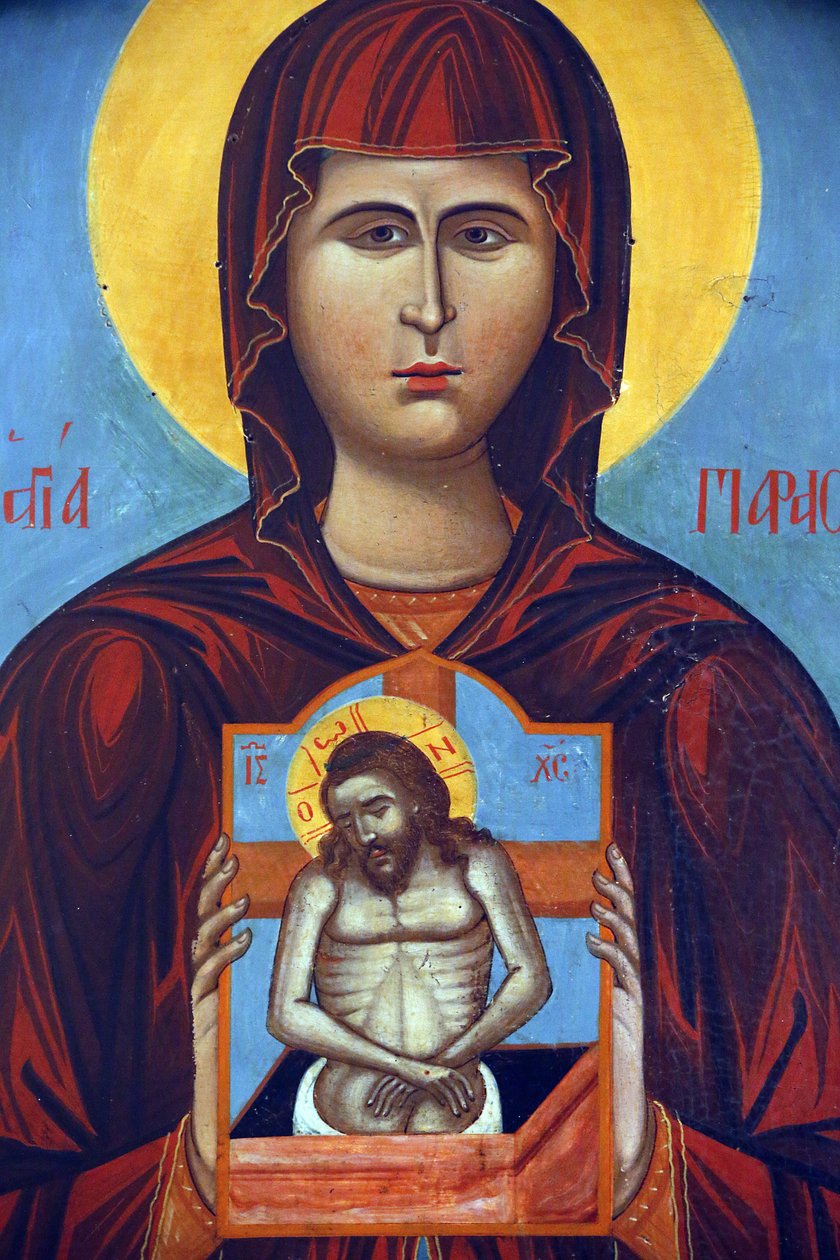 Ikon i Pedoulas bysantinska museum: Saint Paraskevi håller en korsfästelsesikon (1789), 20150510, Pedoulas, Cypern av Unbekannt