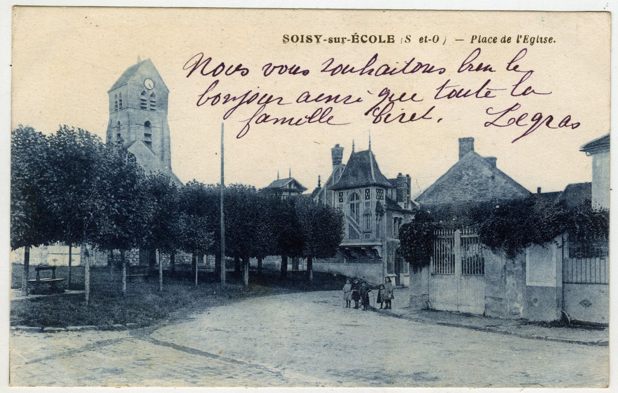 Ile de France, Essonne (91), Soisy sur Ecole (Soisy-sur-Ecole): Kyrktorget - Vykort sent 1800-tal - början av 1900-talet av Unbekannt