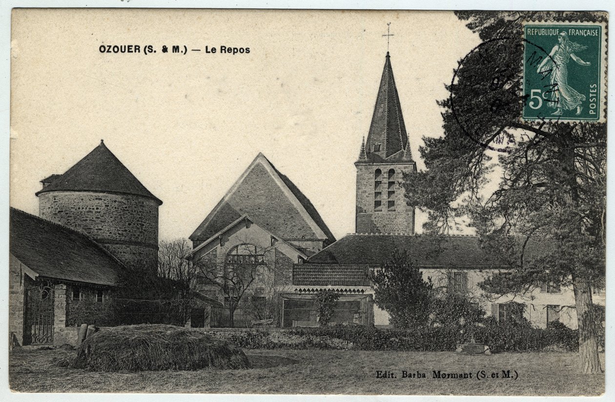 Ile de France, Seine et Marne (77), Ozouer le Repos (Ozouer-le-Repos): yttre vy av kyrkan Saint Aubin (Saint-Aubin) - Vykort daterat 1908 av Unbekannt