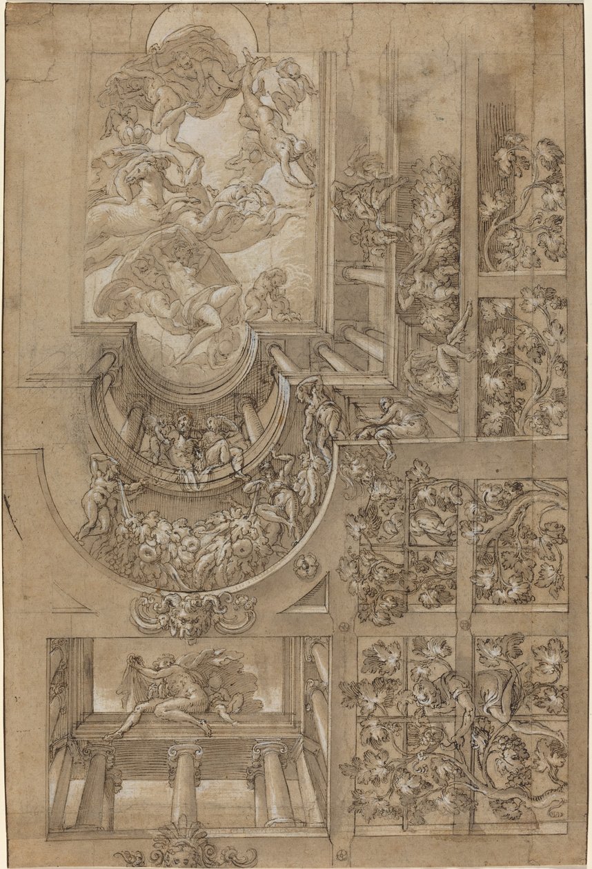 Illusionistiskt tak med en druvberså, figurer på gallerier och en central..., ca. 1570158 av Unbekannt