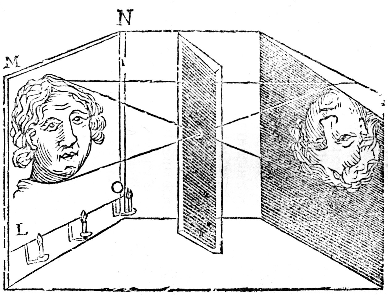 Illustration av principen för camera obscura, 1671 av Unbekannt