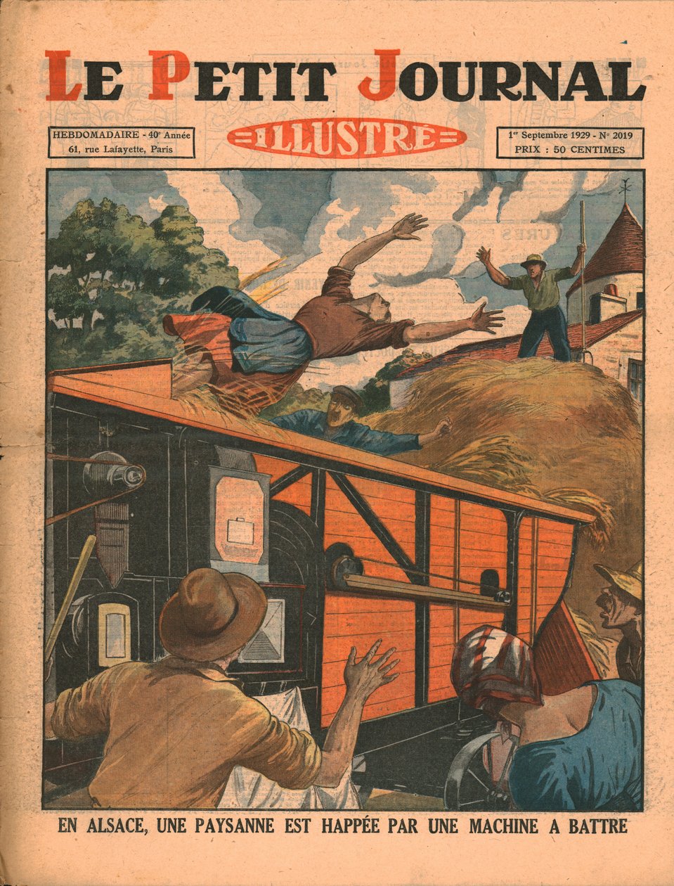 I Alsace fångas en bondkvinna i en tröskmaskin, 1929. av Unbekannt