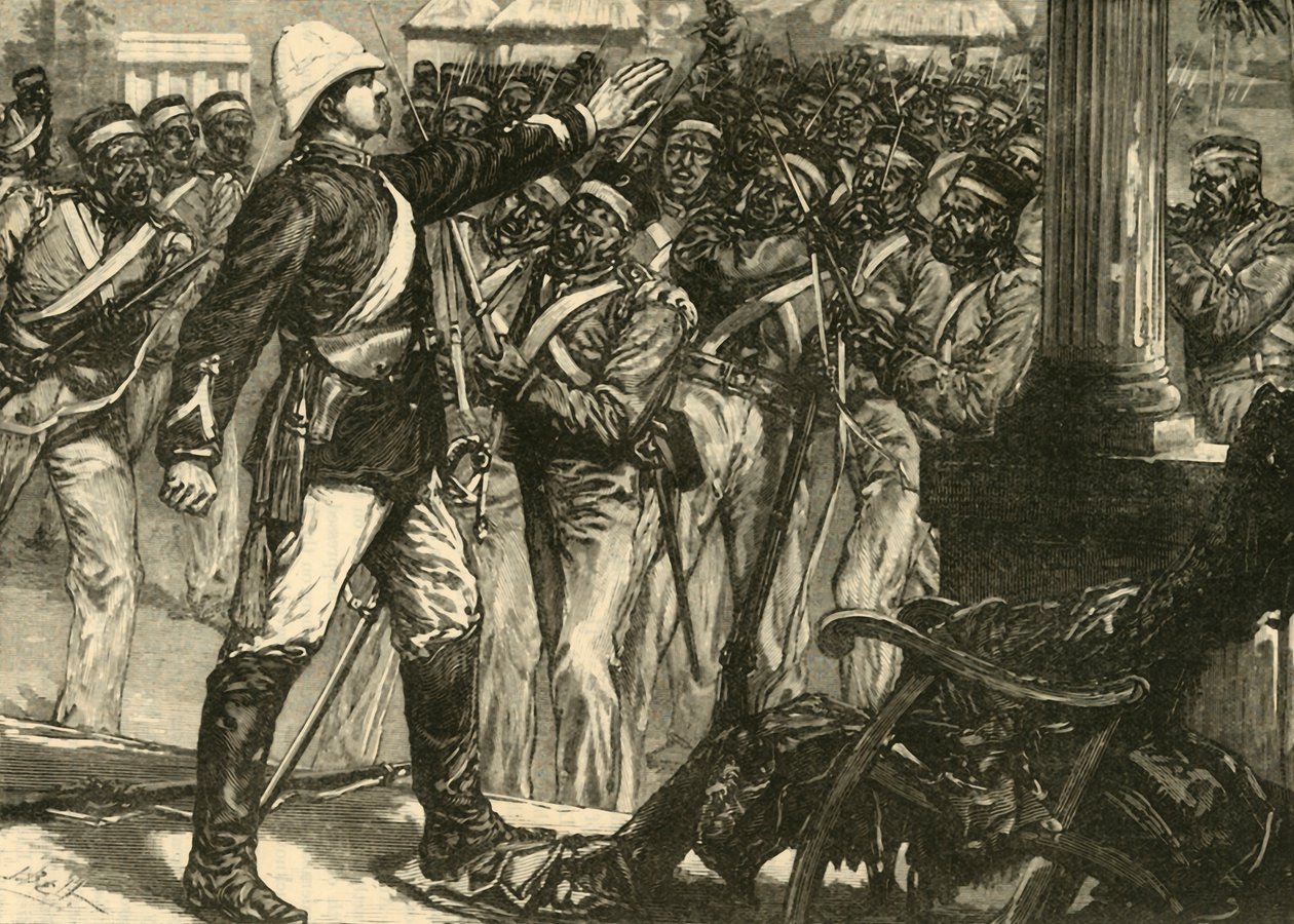 Incident i det indiska myteriet: Lieut. De Kantzow lugnar Sepoys vid Mynpooree, 1890. av Unbekannt