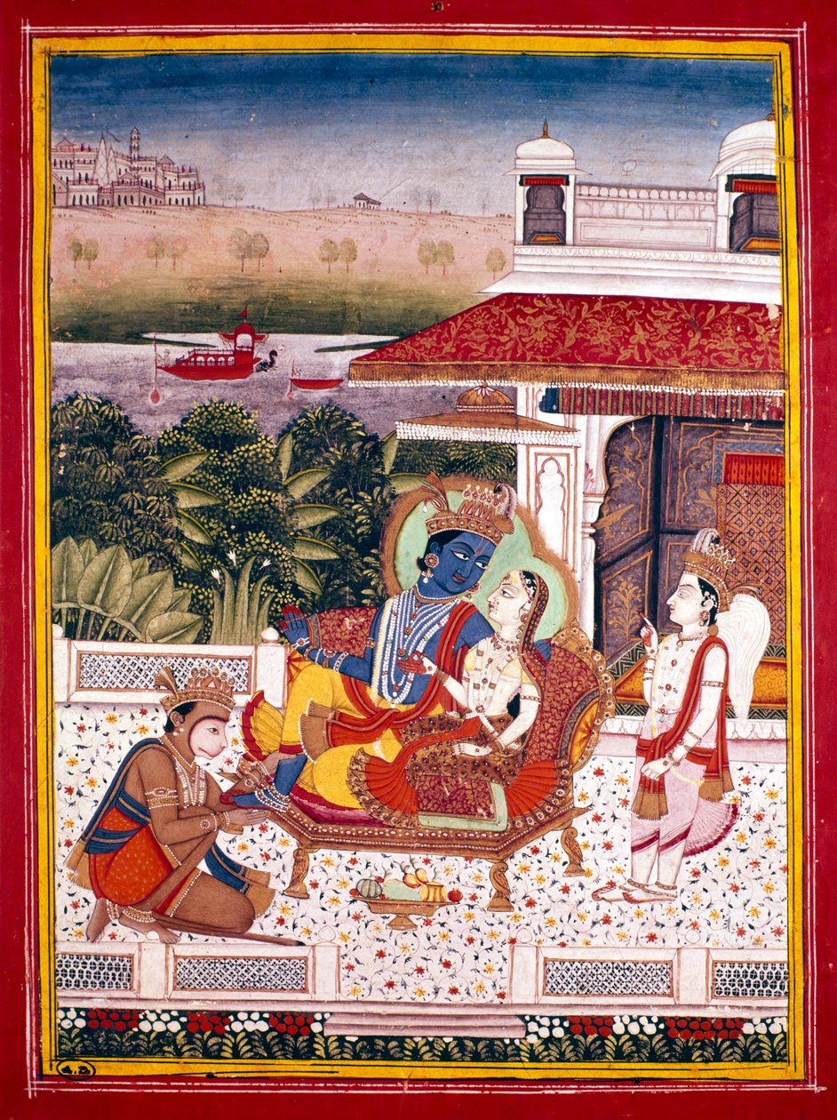 Indisk miniatyr som visar Krishna och en prinsessa på en soffa, 1700-tal av Unbekannt