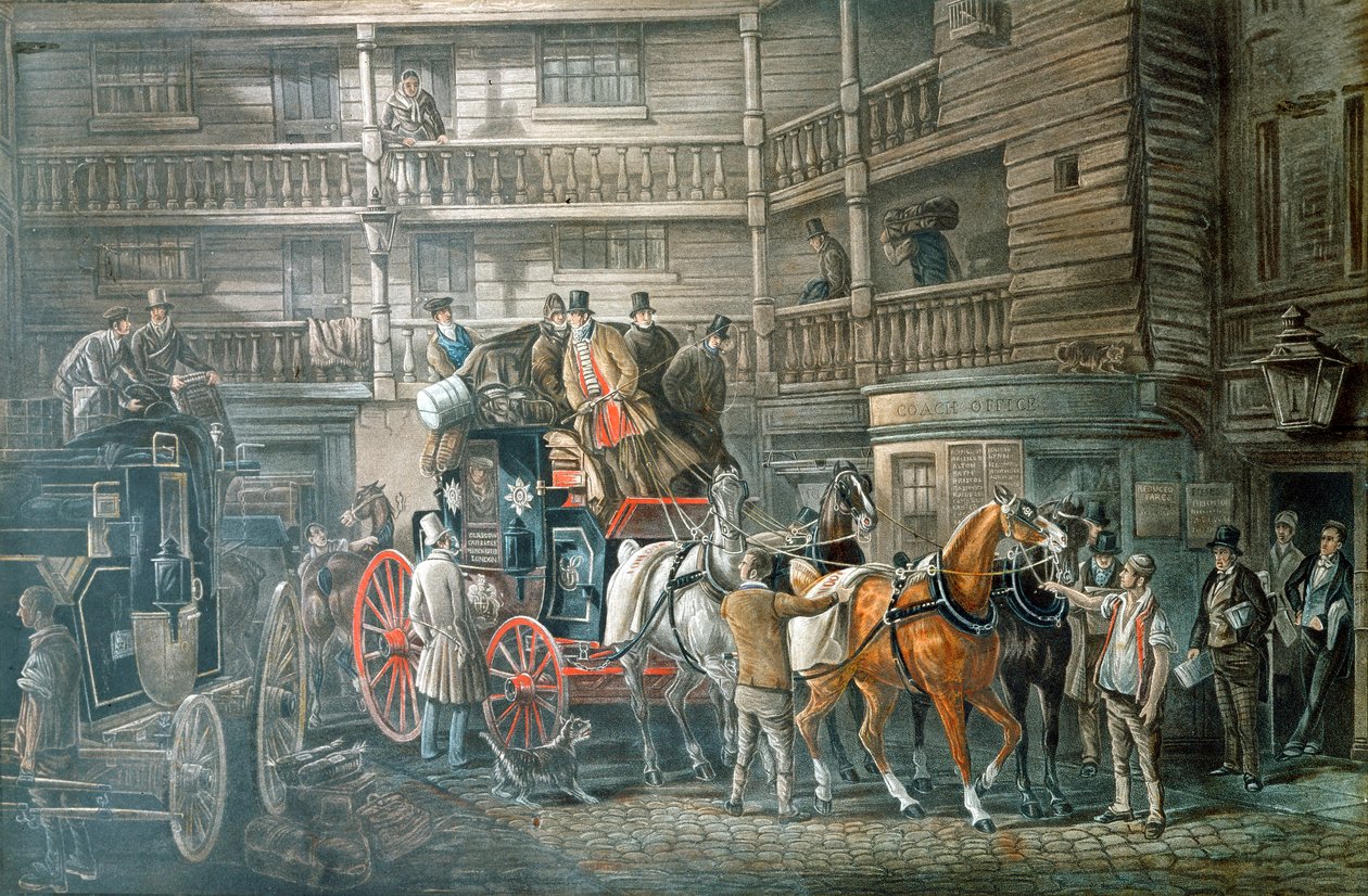 Värdshusgård med postbuss som förbereder sig för att lämna, c1840 av Unbekannt