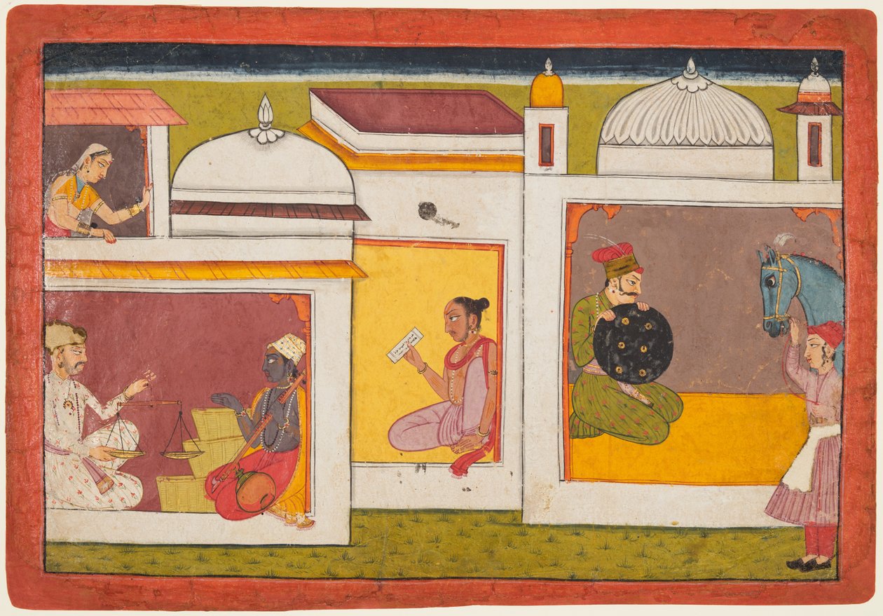 Inne i en byggnad sitter Madhava mitt emot en man som håller i en våg, från en Madhavanala..., ca. 1700. av Unbekannt