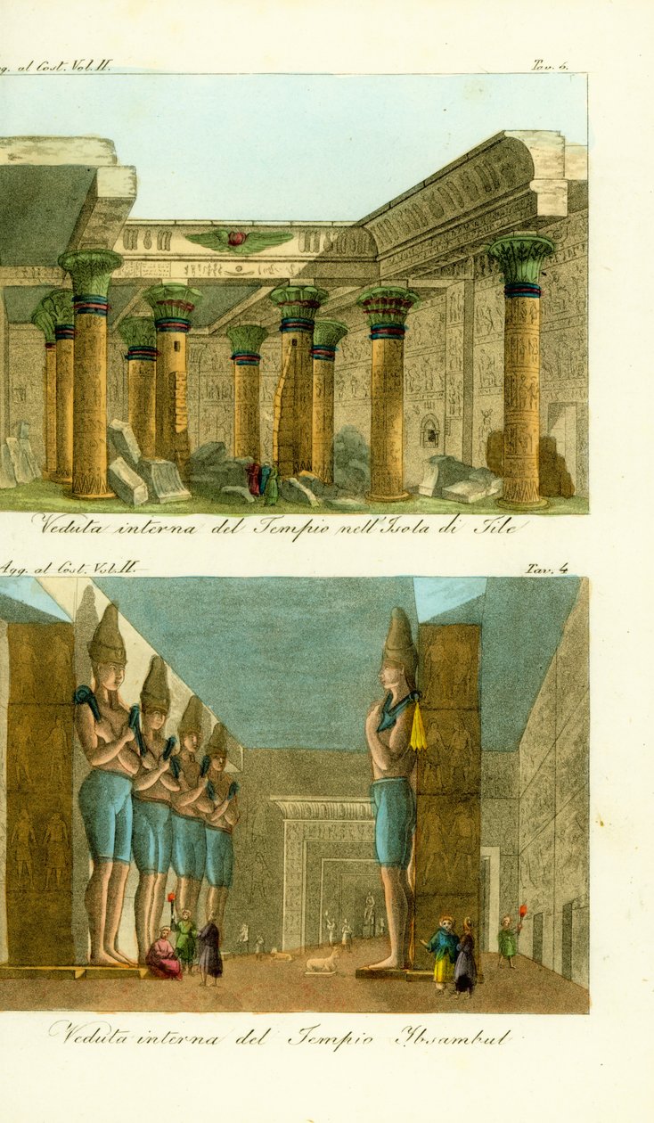 Interiören av Isis-templet på Philae Island, Nubia, och interiören av Ramses II:s stora tempel i Abu Simbel (Ibsambul), Nubia av Unbekannt